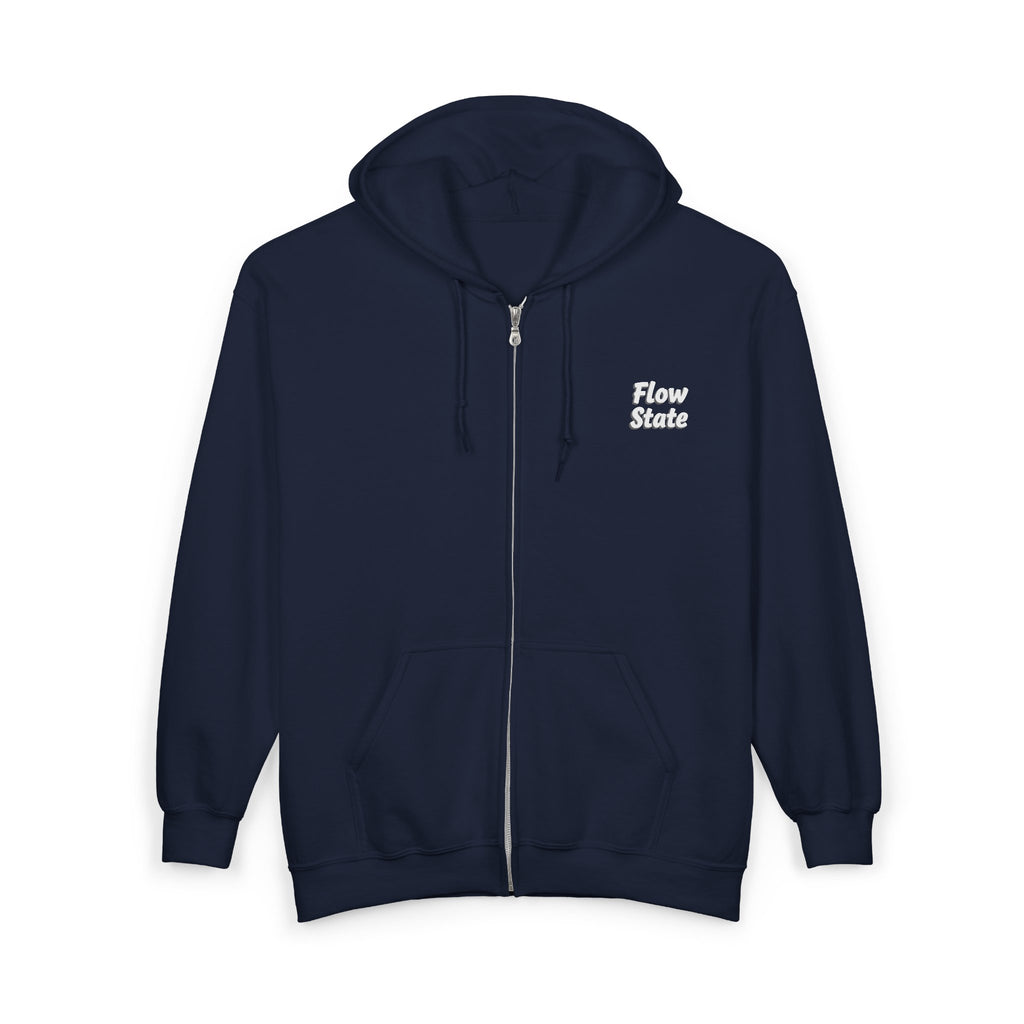 Flow State Zip Hoodie — Black Full‑Zip Hooded Sweatshirt with Retro Script