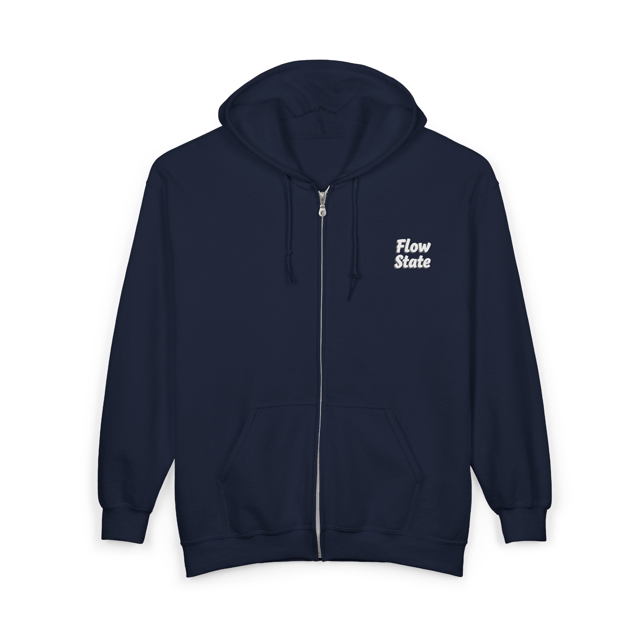 Flow State Zip Hoodie — Black Full‑Zip Hooded Sweatshirt with Retro Script