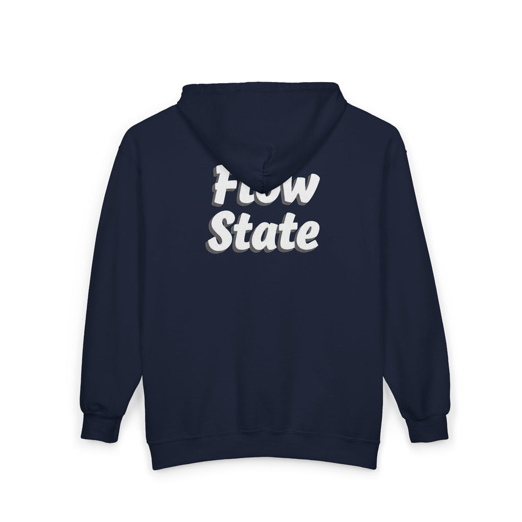 Flow State Zip Hoodie — Black Full‑Zip Hooded Sweatshirt with Retro Script