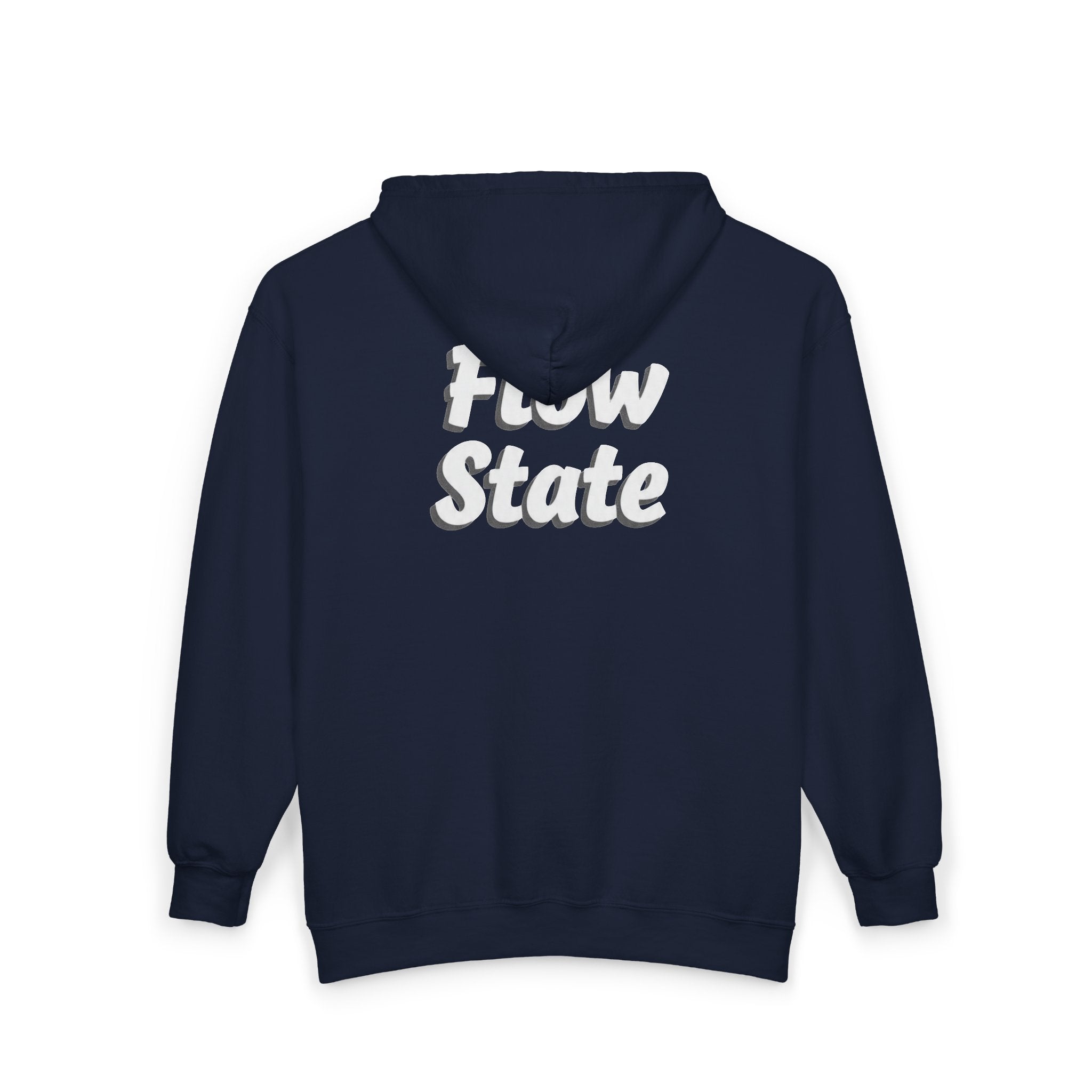 Flow State Zip Hoodie — Black Full‑Zip Hooded Sweatshirt with Retro Script