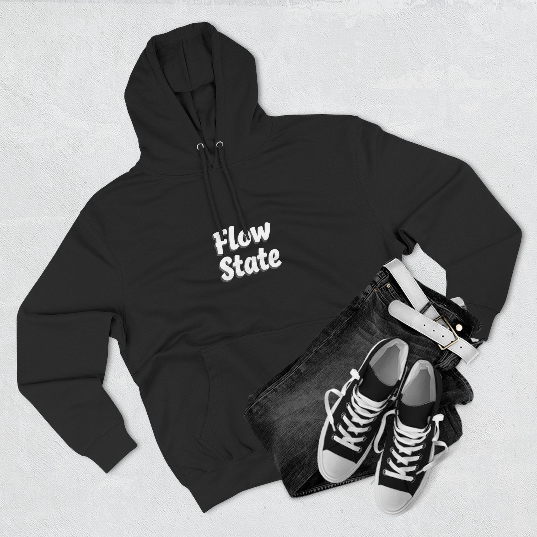 Flow State Hoodie — Minimal Embossed Text Fleece Pullover