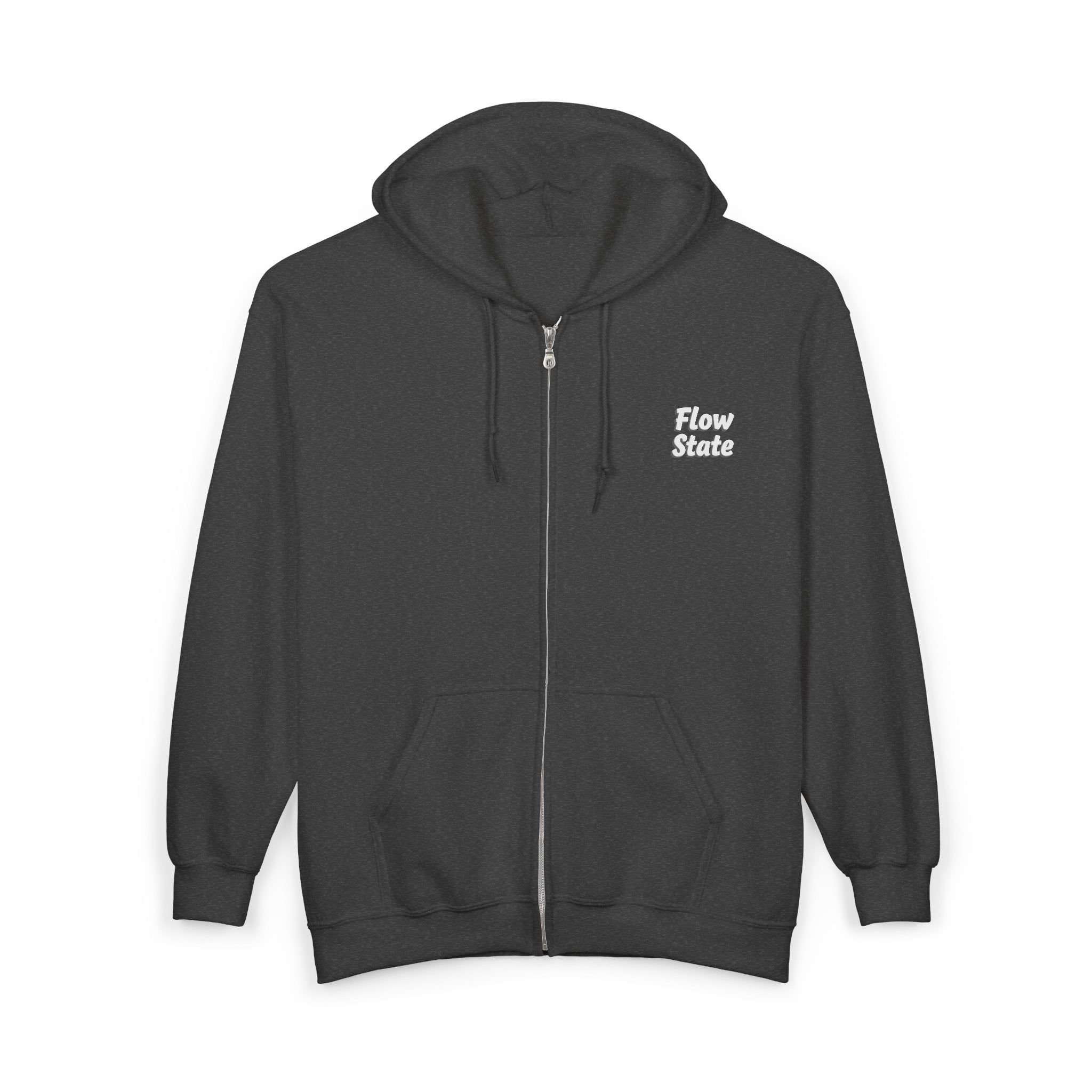 Flow State Zip Hoodie — Black Full‑Zip Hooded Sweatshirt with Retro Script