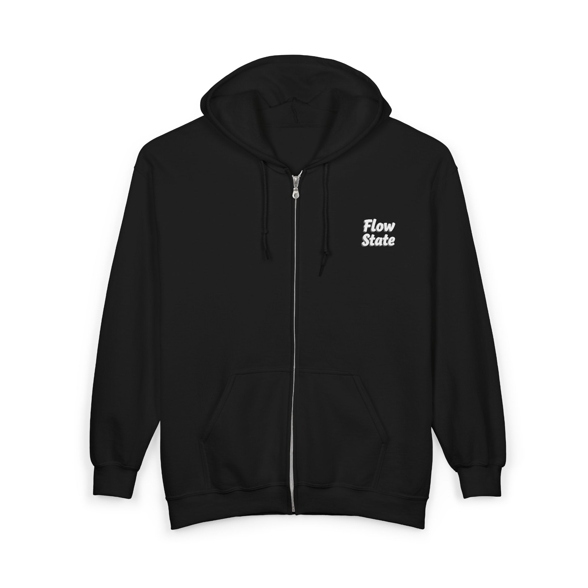 Flow State Zip Hoodie — Black Full‑Zip Hooded Sweatshirt with Retro Script
