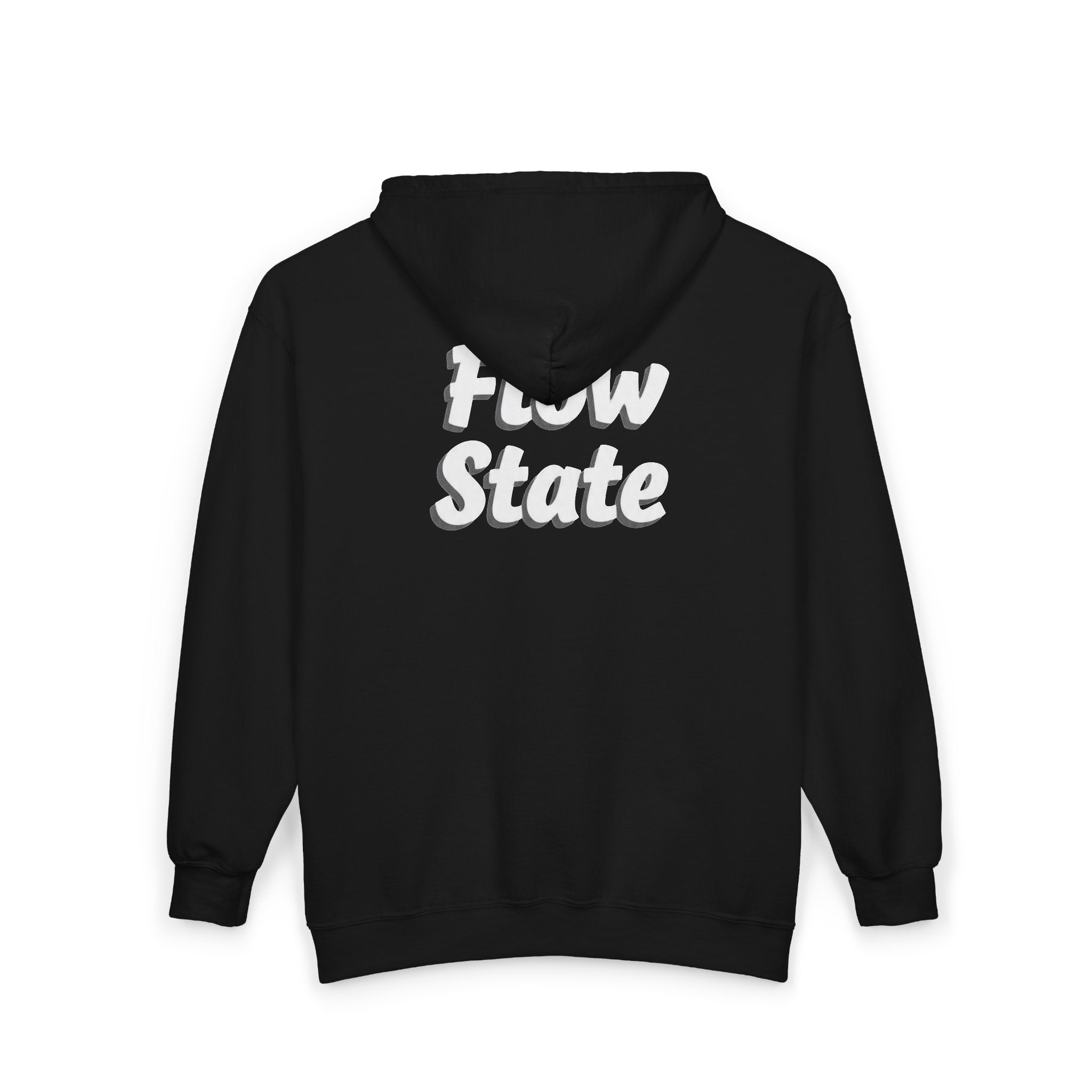 Flow State Zip Hoodie — Black Full‑Zip Hooded Sweatshirt with Retro Script