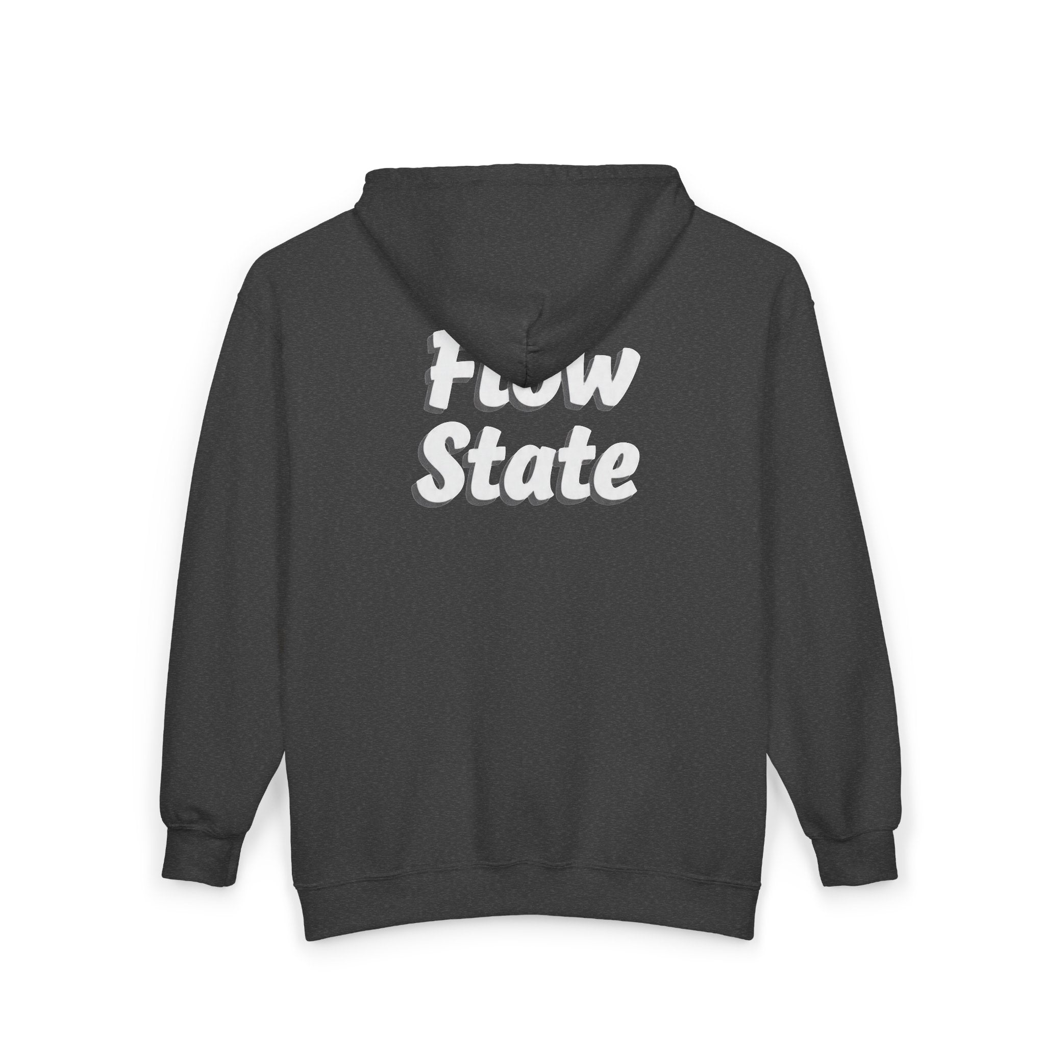 Flow State Zip Hoodie — Black Full‑Zip Hooded Sweatshirt with Retro Script