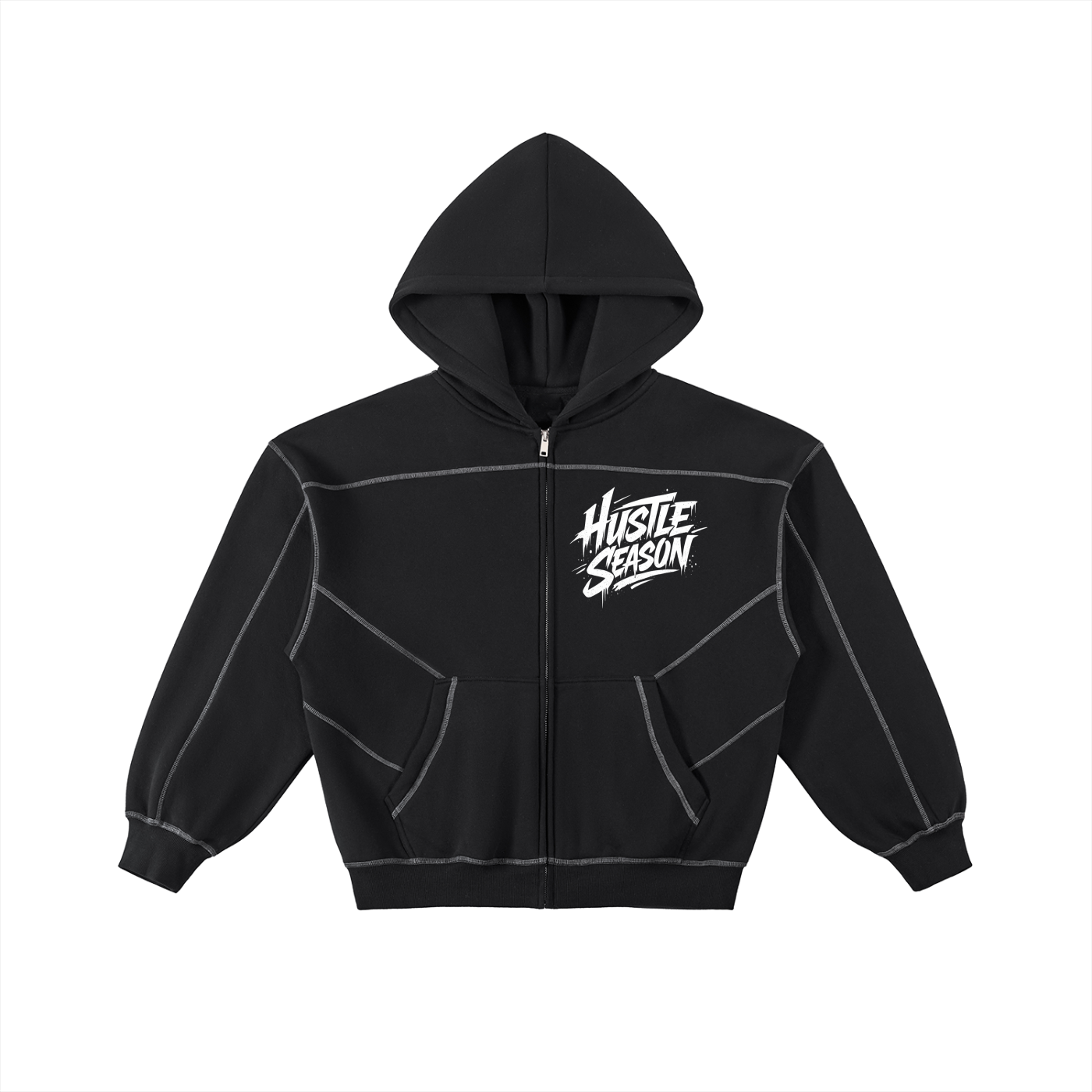 HUSTLE SEASON Contrast-Stitched Boxy Fleece Zip Hoodie