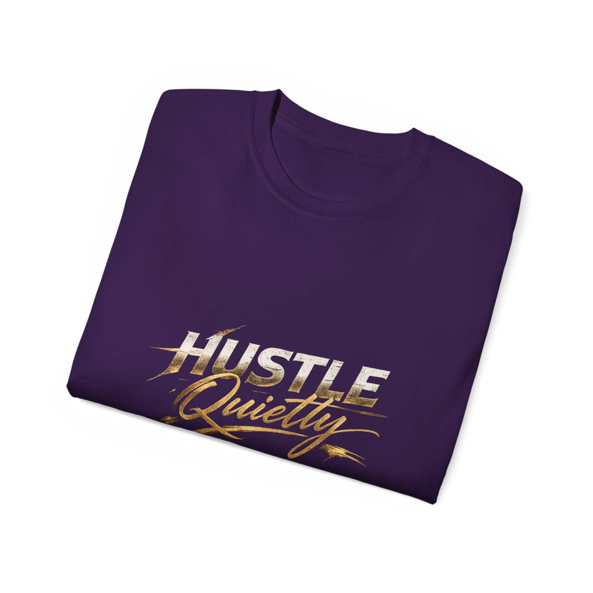 Hustle Quietly Tee — Motivational Gold Script Graphic T‑Shirt - LaneOfTrends