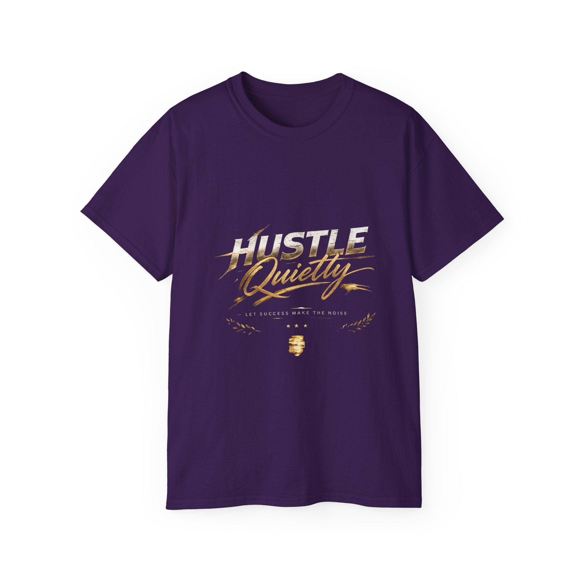 Hustle Quietly Tee — Motivational Gold Script Graphic T‑Shirt - LaneOfTrends