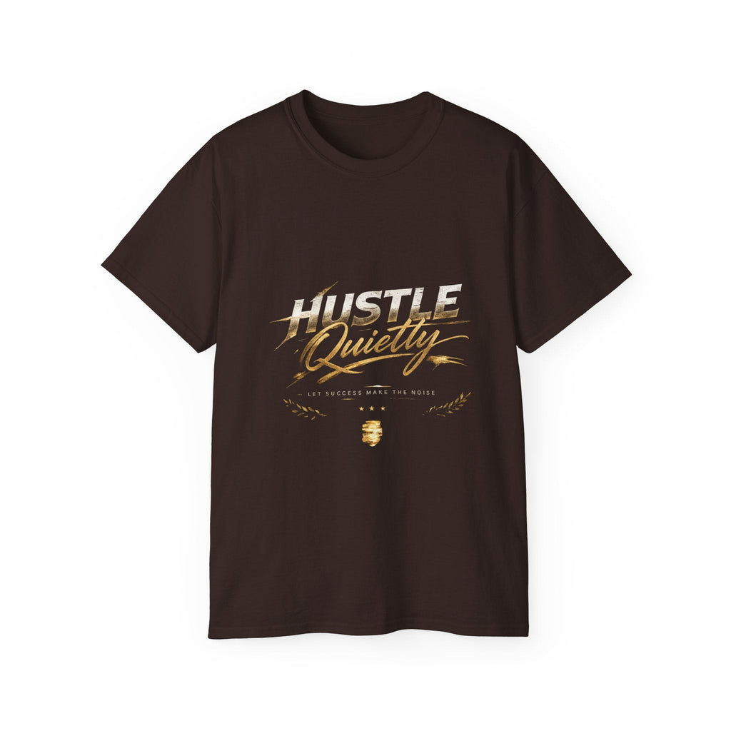 Hustle Quietly Tee — Motivational Gold Script Graphic T‑Shirt - LaneOfTrends
