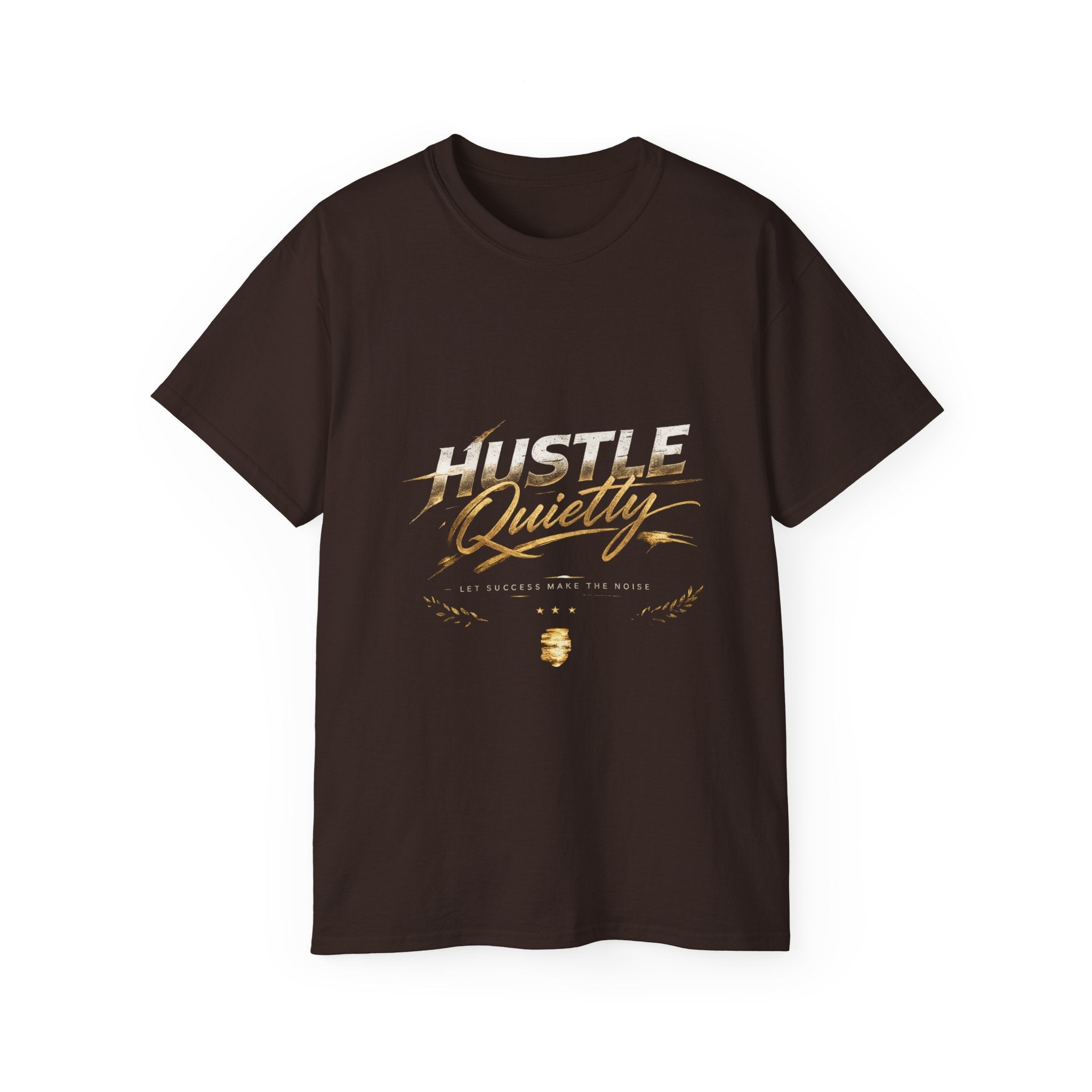 Hustle Quietly Tee — Motivational Gold Script Graphic T‑Shirt - LaneOfTrends