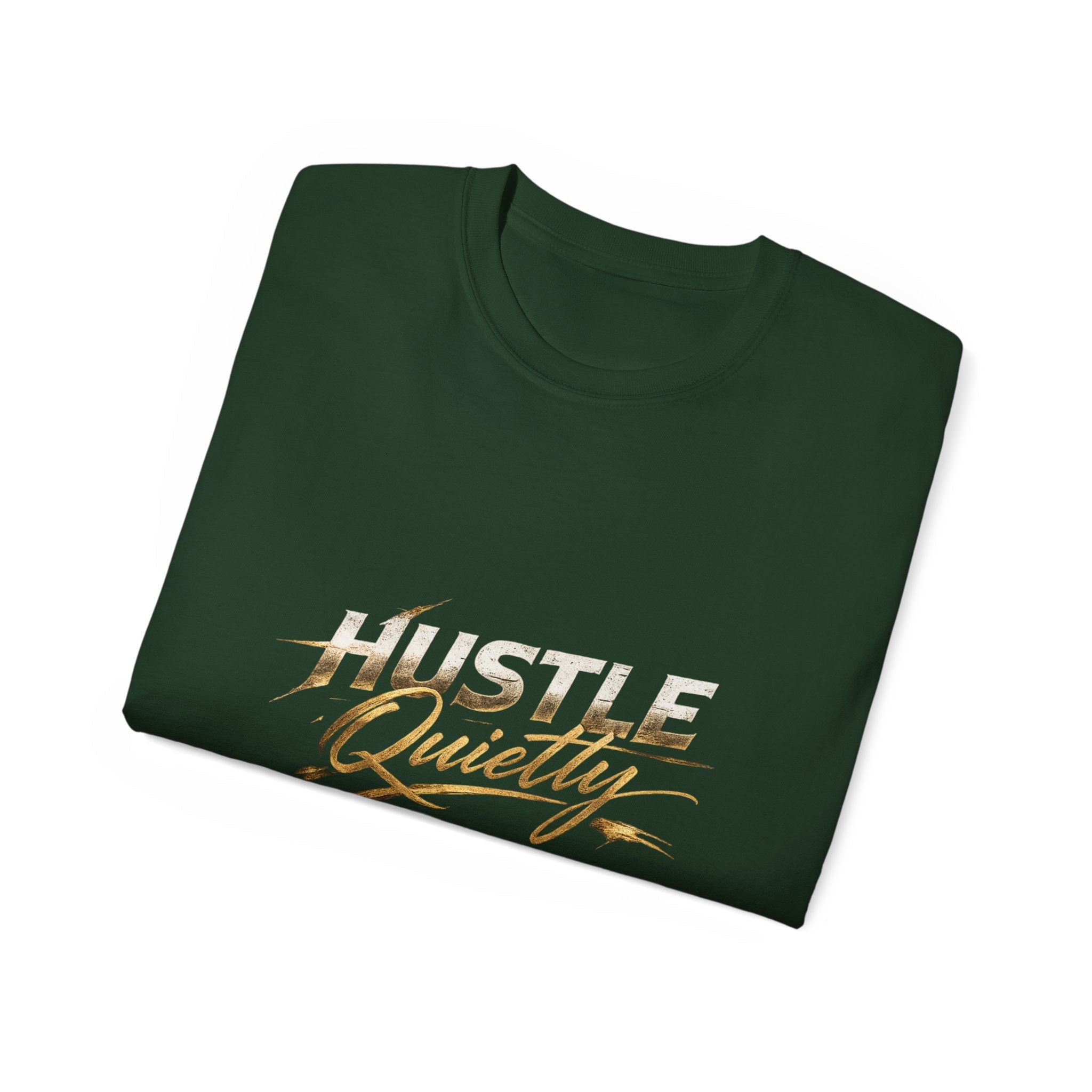Hustle Quietly Tee — Motivational Gold Script Graphic T‑Shirt - LaneOfTrends