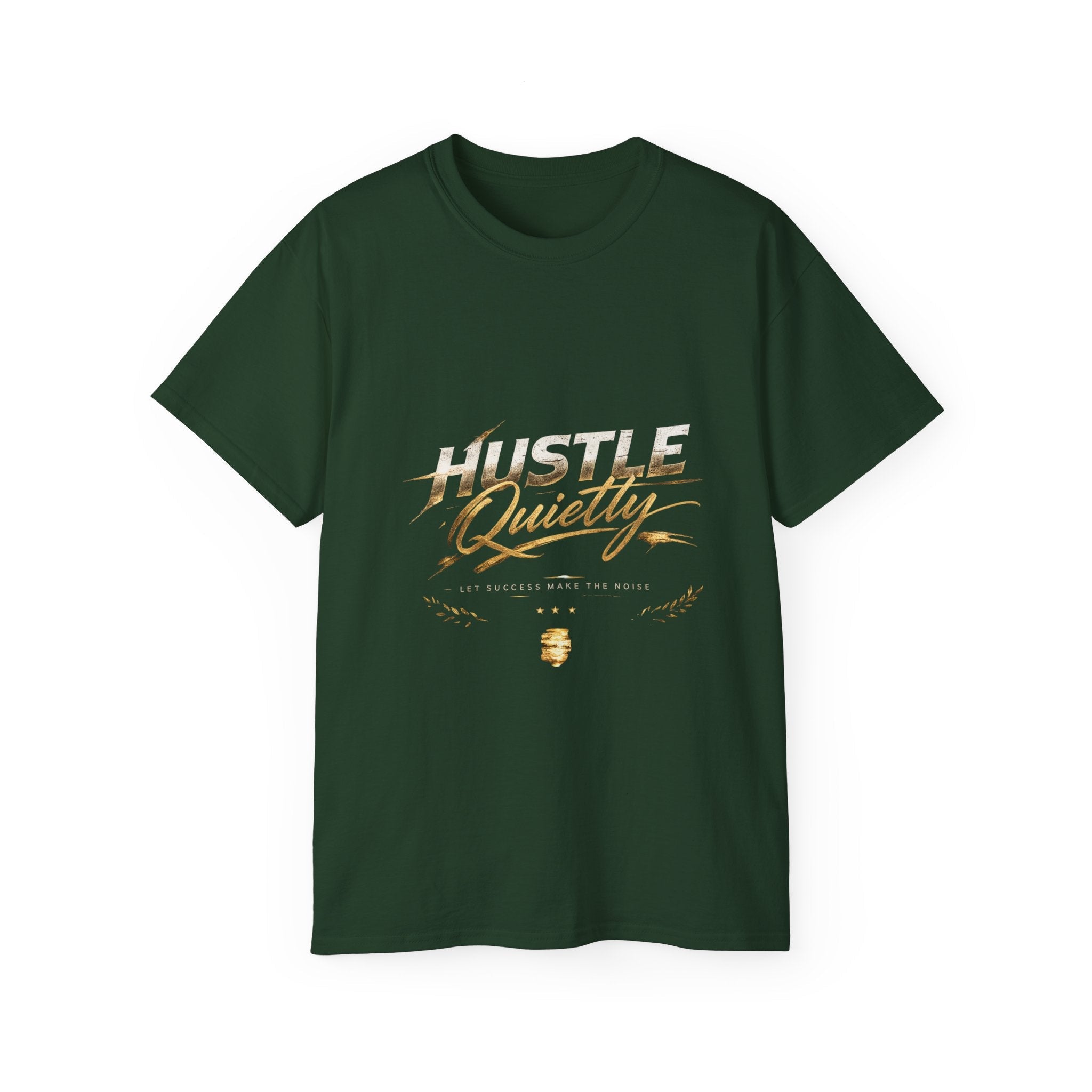Hustle Quietly Tee — Motivational Gold Script Graphic T‑Shirt - LaneOfTrends