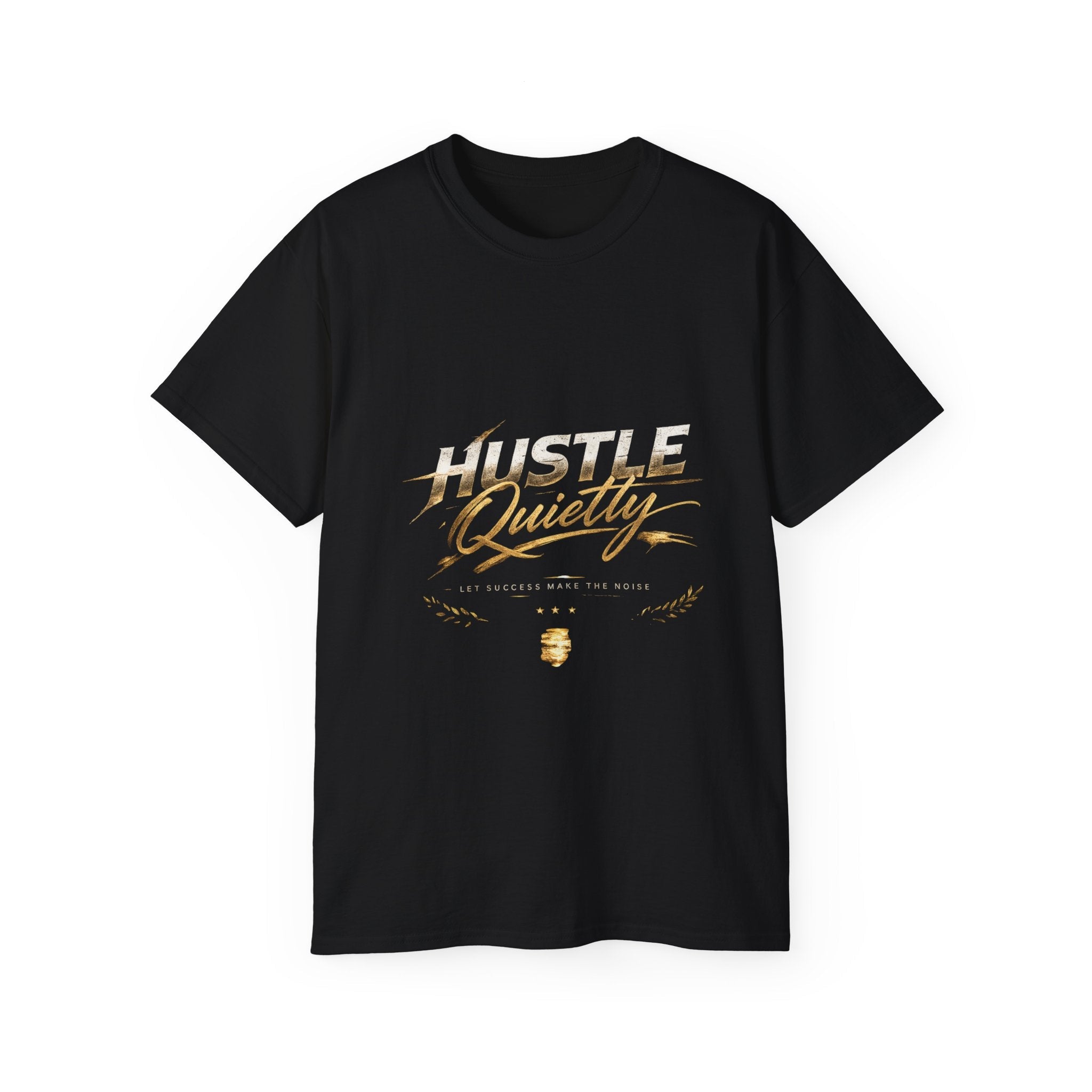 Hustle Quietly Tee — Motivational Gold Script Graphic T‑Shirt - LaneOfTrends