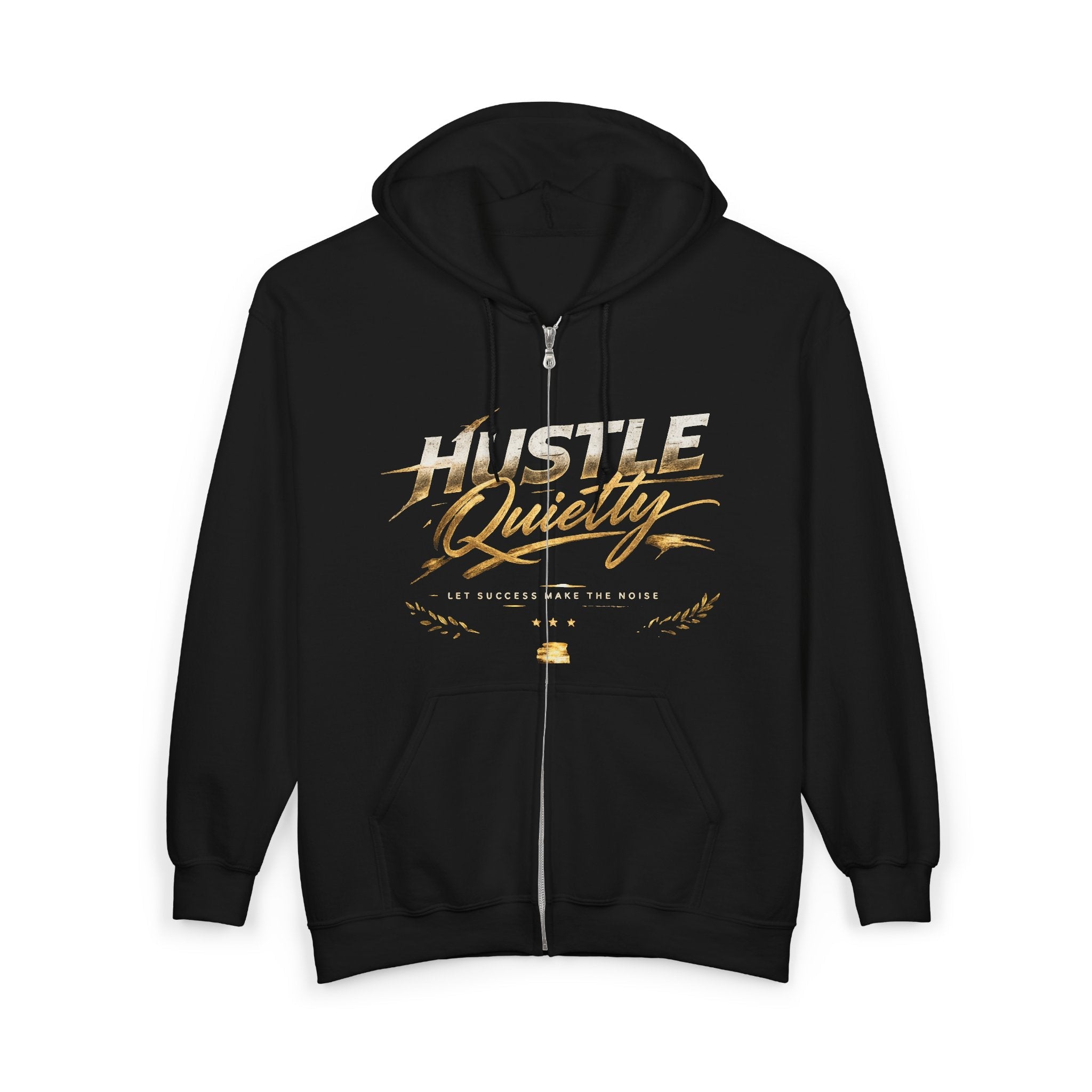 Hustle Quietly Zip - Up Hoodie — Gold Script Motivational Zip Hoodie - LaneOfTrends