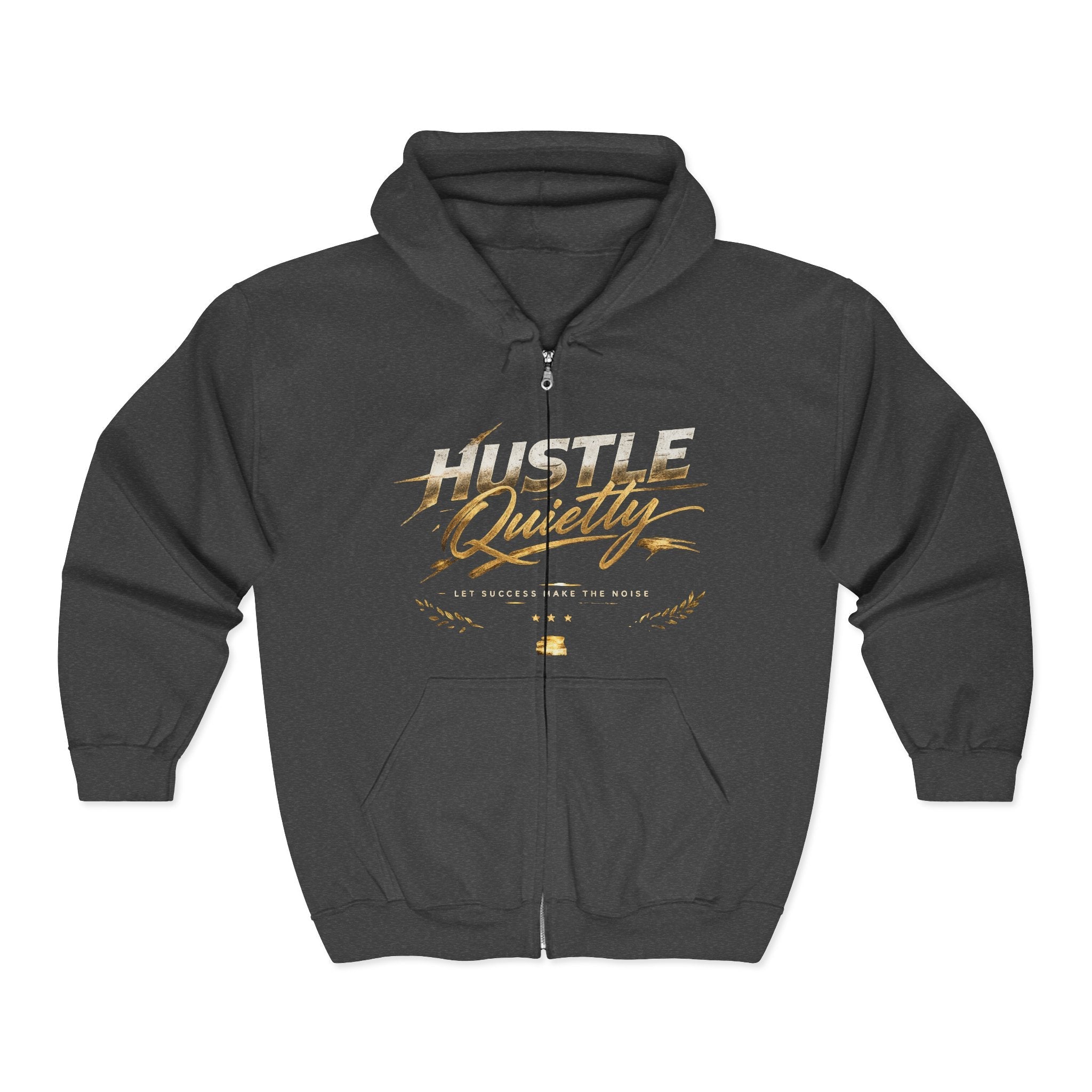 Hustle Quietly Zip - Up Hoodie — Gold Script Motivational Zip Hoodie - LaneOfTrends