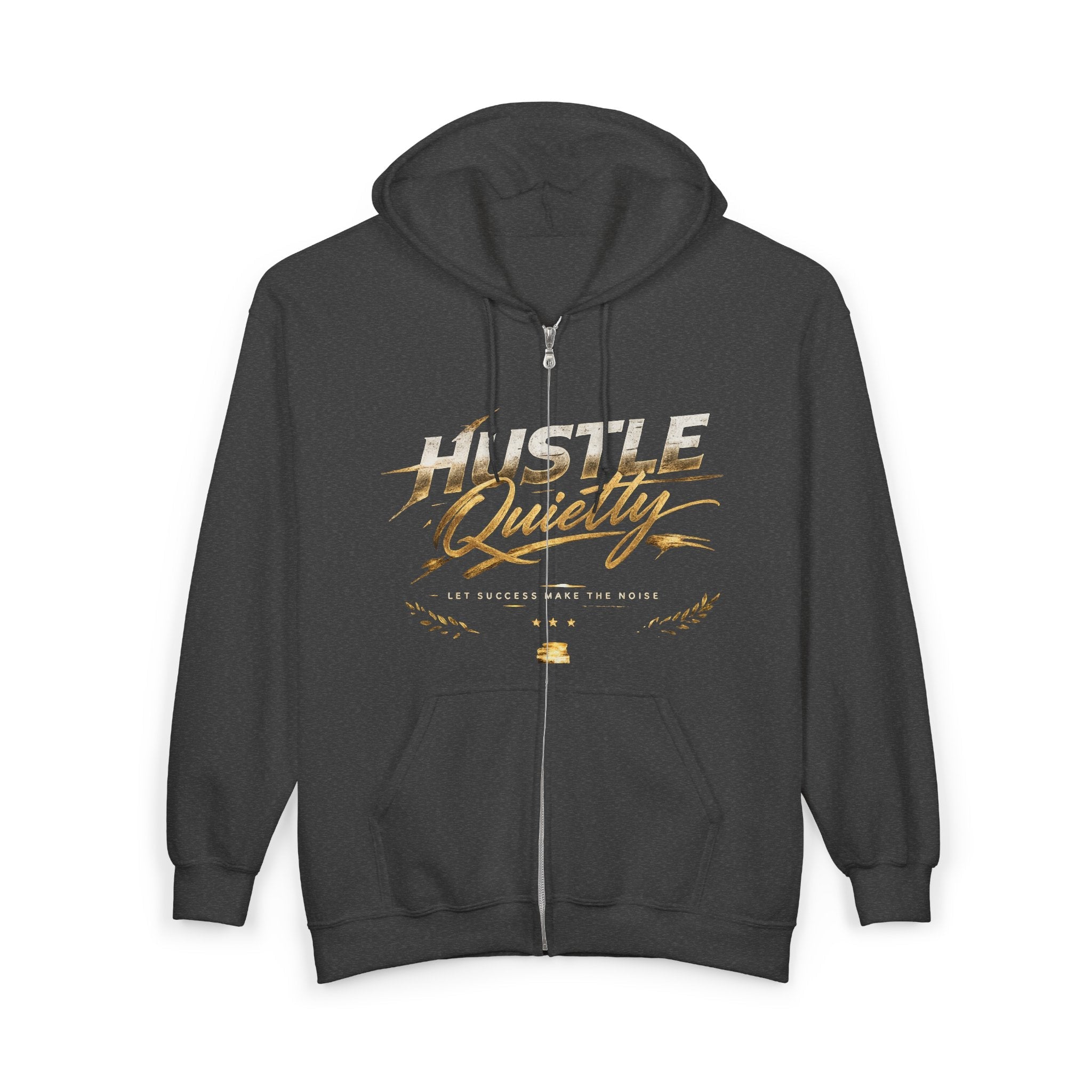 Hustle Quietly Zip - Up Hoodie — Gold Script Motivational Zip Hoodie - LaneOfTrends