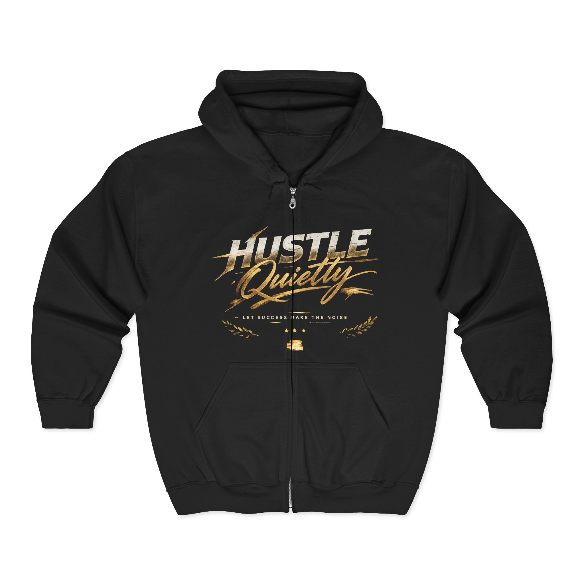 Hustle Quietly Zip - Up Hoodie — Gold Script Motivational Zip Hoodie - LaneOfTrends