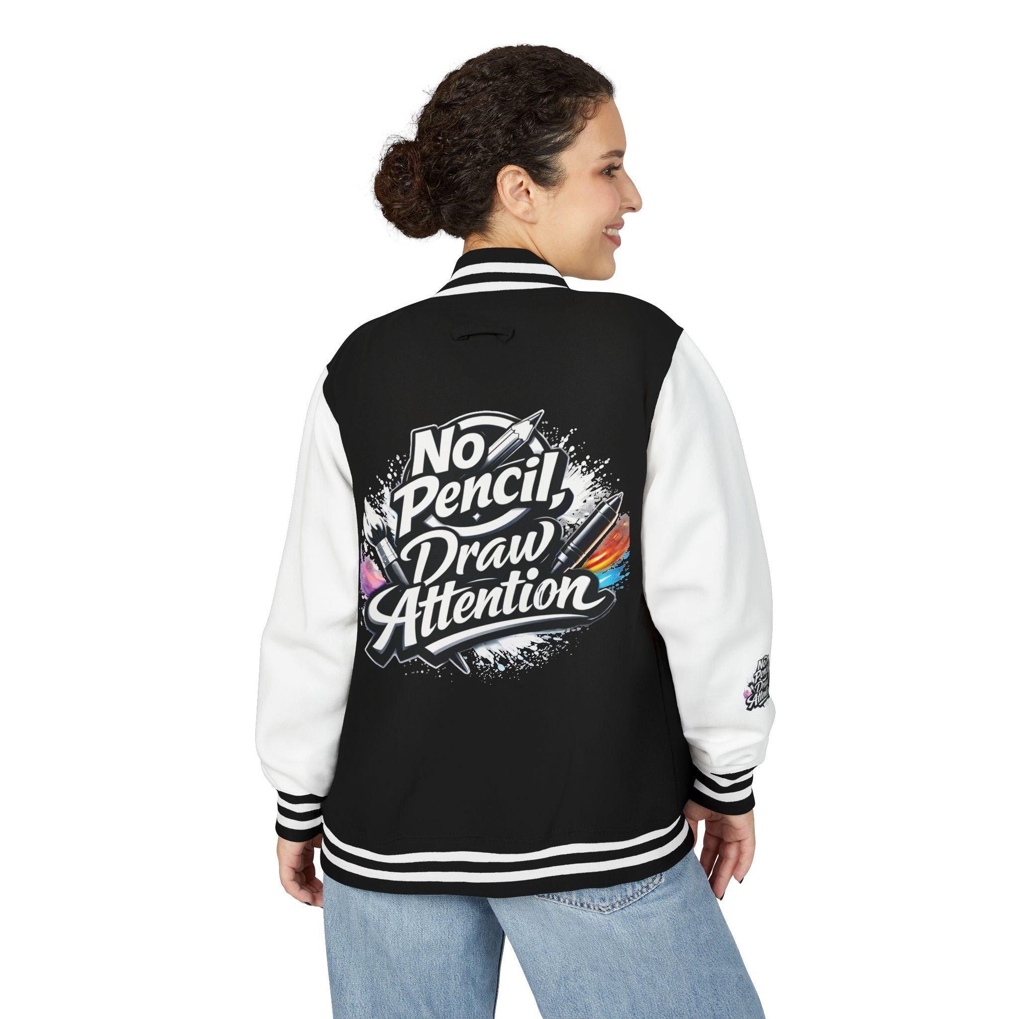 Letterman Jacket — “No Pencil, Draw Attention” Artist Varsity Jacket - LaneOfTrends