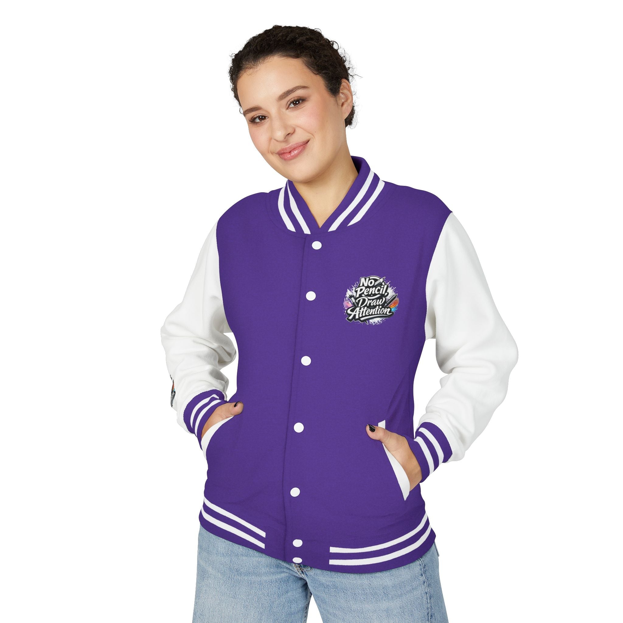 Letterman Jacket — “No Pencil, Draw Attention” Artist Varsity Jacket - LaneOfTrends