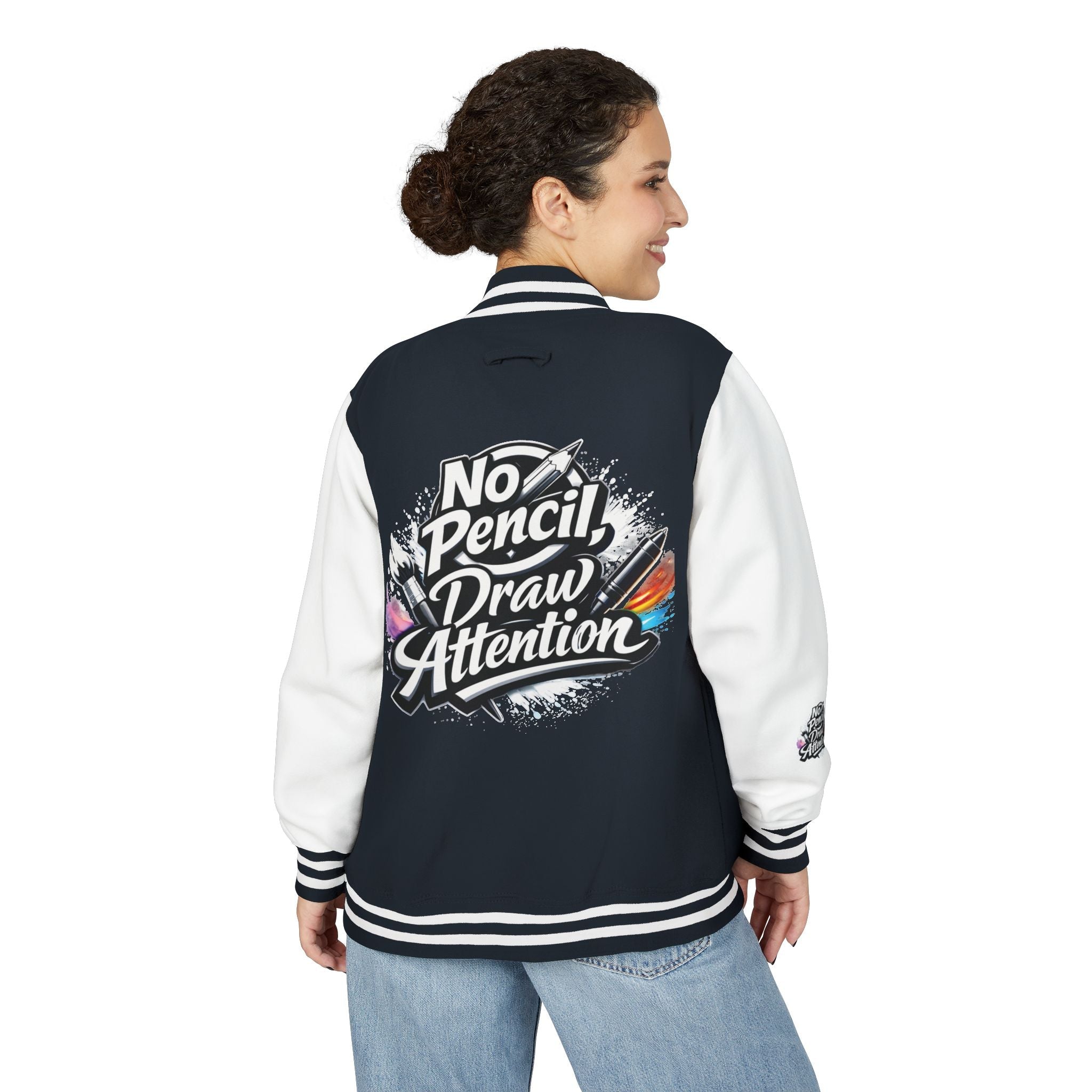 Letterman Jacket — “No Pencil, Draw Attention” Artist Varsity Jacket - LaneOfTrends