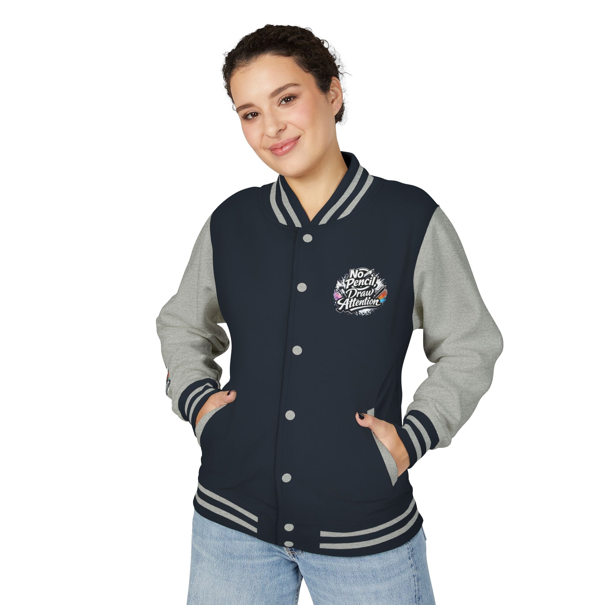 Letterman Jacket — “No Pencil, Draw Attention” Artist Varsity Jacket - LaneOfTrends
