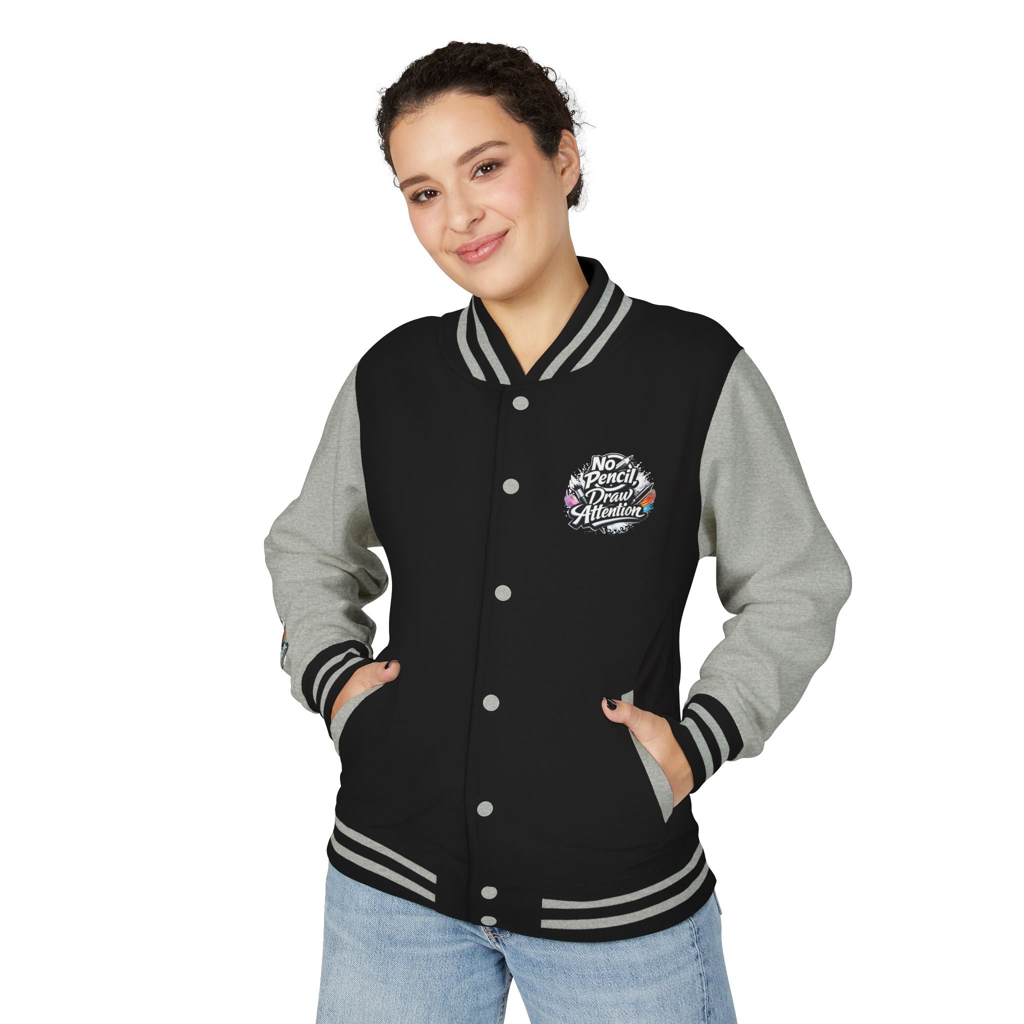 Letterman Jacket — “No Pencil, Draw Attention” Artist Varsity Jacket - LaneOfTrends