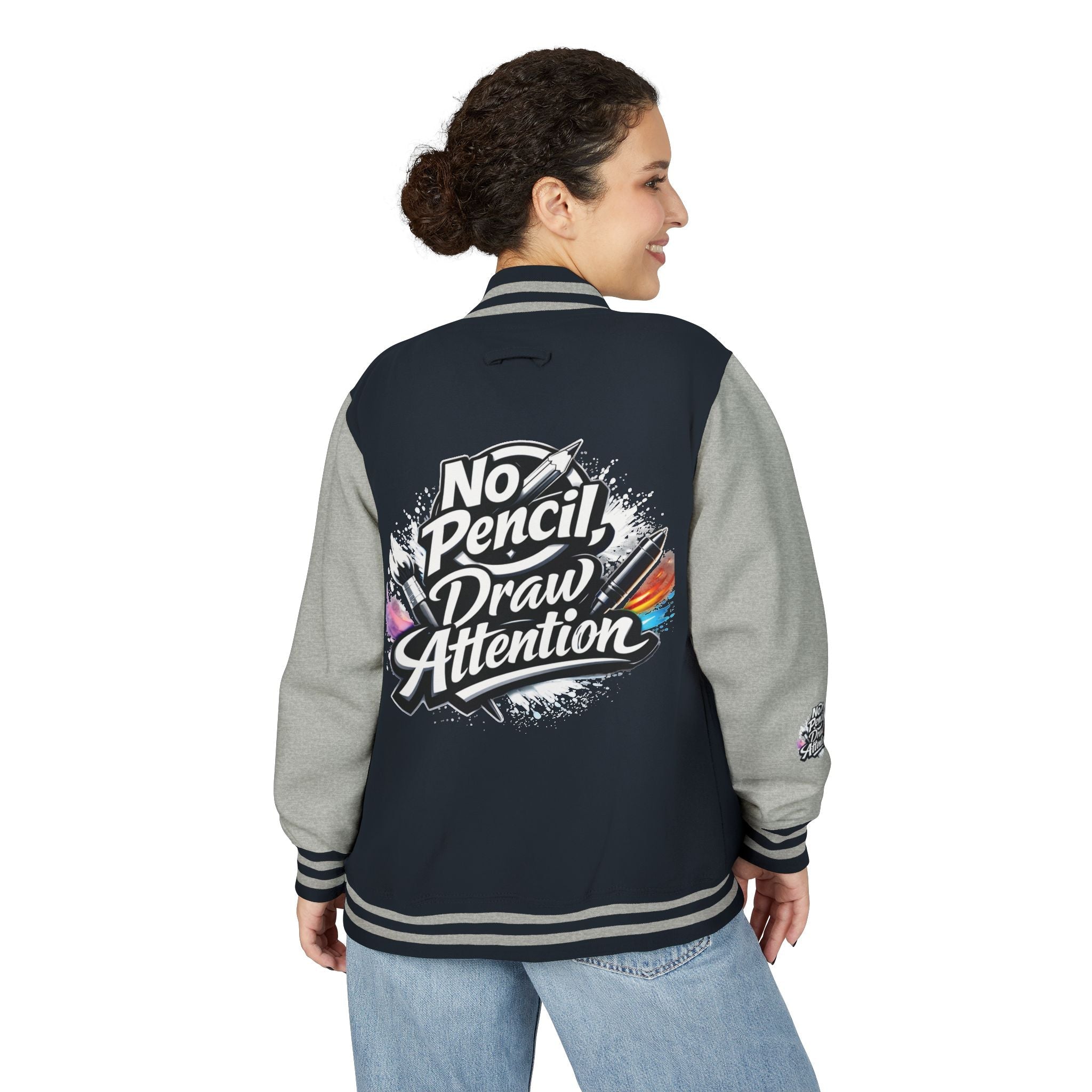 Letterman Jacket — “No Pencil, Draw Attention” Artist Varsity Jacket - LaneOfTrends