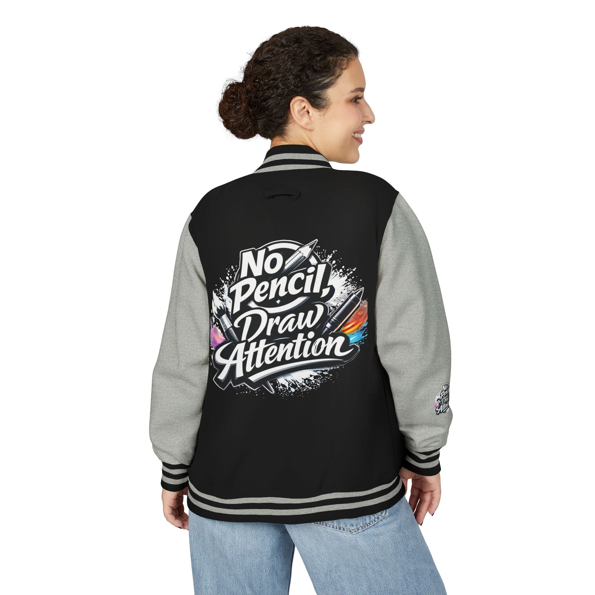 Letterman Jacket — “No Pencil, Draw Attention” Artist Varsity Jacket - LaneOfTrends