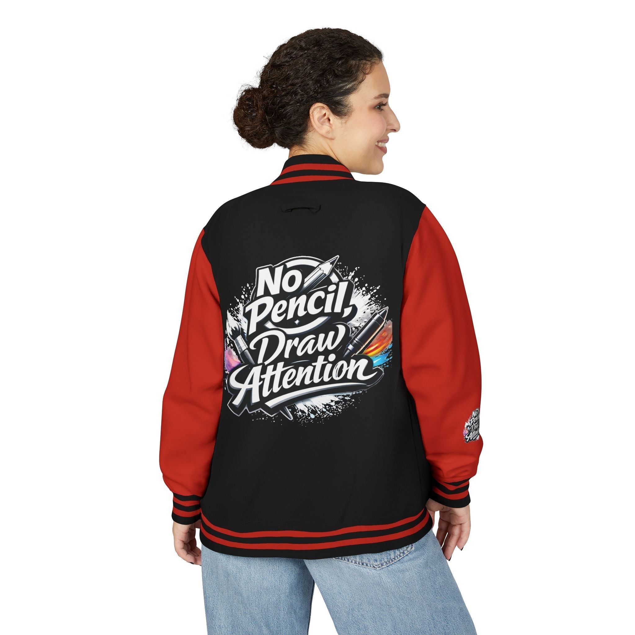 Letterman Jacket — “No Pencil, Draw Attention” Artist Varsity Jacket - LaneOfTrends